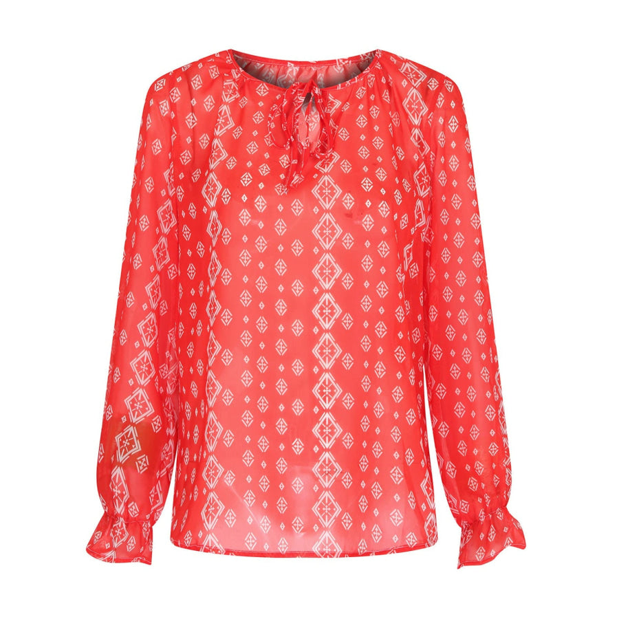 Printed Tie Neck Long Sleeve Blouse Apparel and Accessories