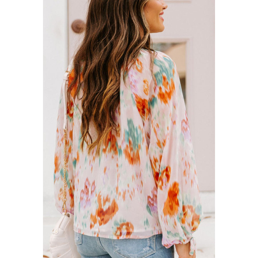 Printed Tie Neck Long Sleeve Blouse Apparel and Accessories