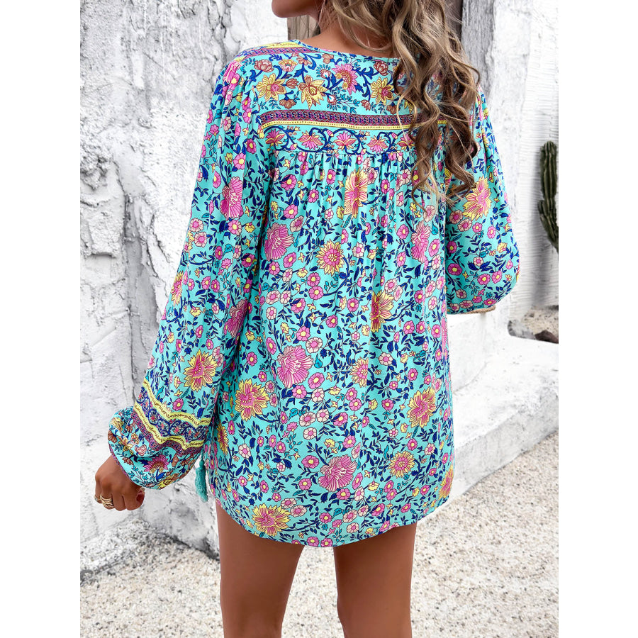 Printed Tie Neck Long Sleeve Blouse Apparel and Accessories