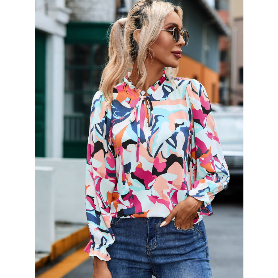 Printed Tie Neck Long Sleeve Blouse Apparel and Accessories