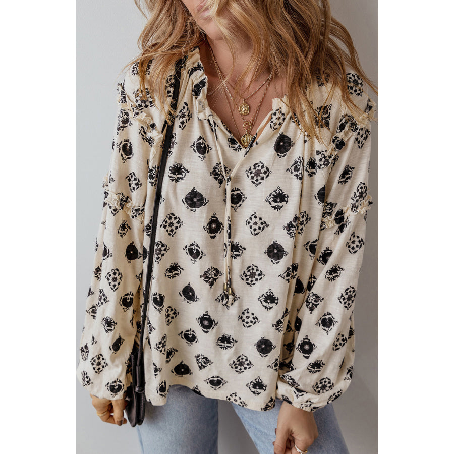 Printed Tie Neck Long Sleeve Blouse Apparel and Accessories