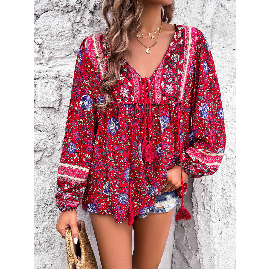 Printed Tie Neck Long Sleeve Blouse Apparel and Accessories