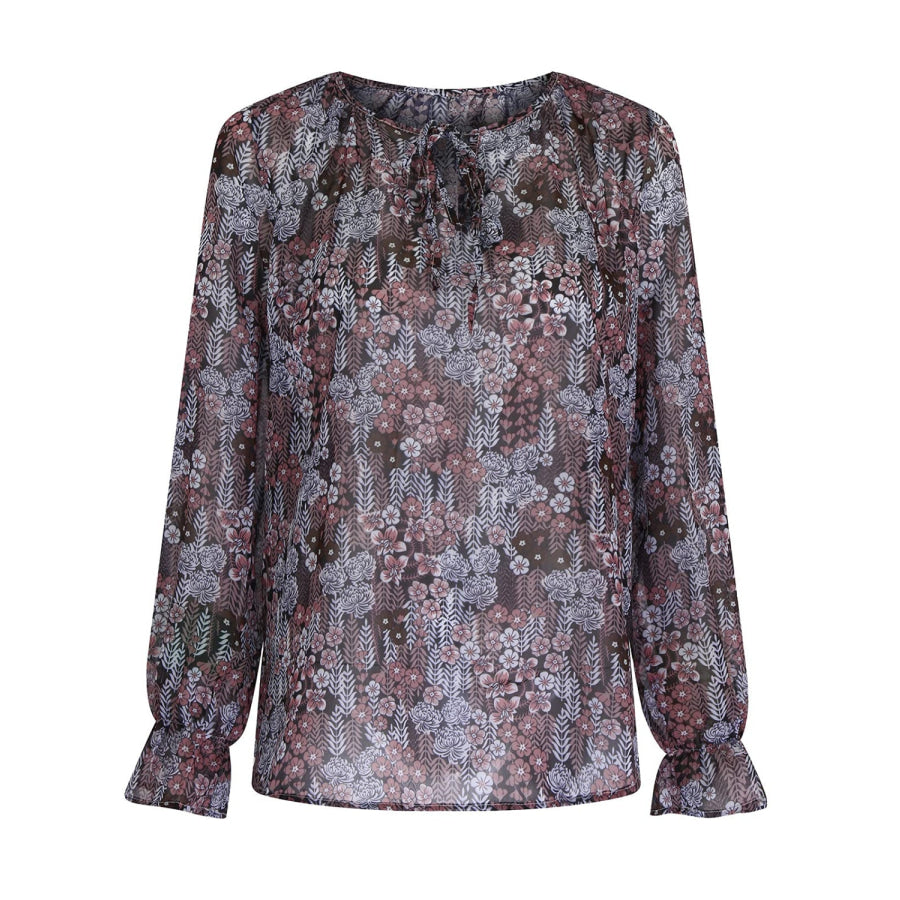 Printed Tie Neck Long Sleeve Blouse Apparel and Accessories