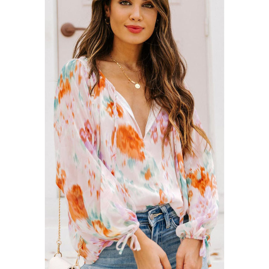 Printed Tie Neck Long Sleeve Blouse Apparel and Accessories