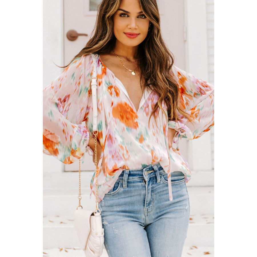 Printed Tie Neck Long Sleeve Blouse Floral / S Apparel and Accessories