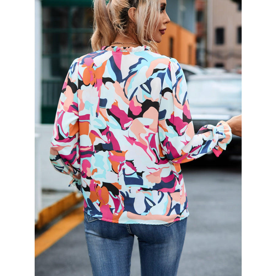 Printed Tie Neck Long Sleeve Blouse Hot Pink / S Apparel and Accessories