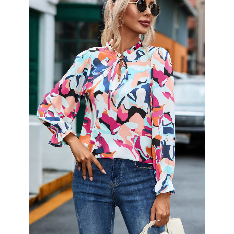 Printed Tie Neck Long Sleeve Blouse Apparel and Accessories