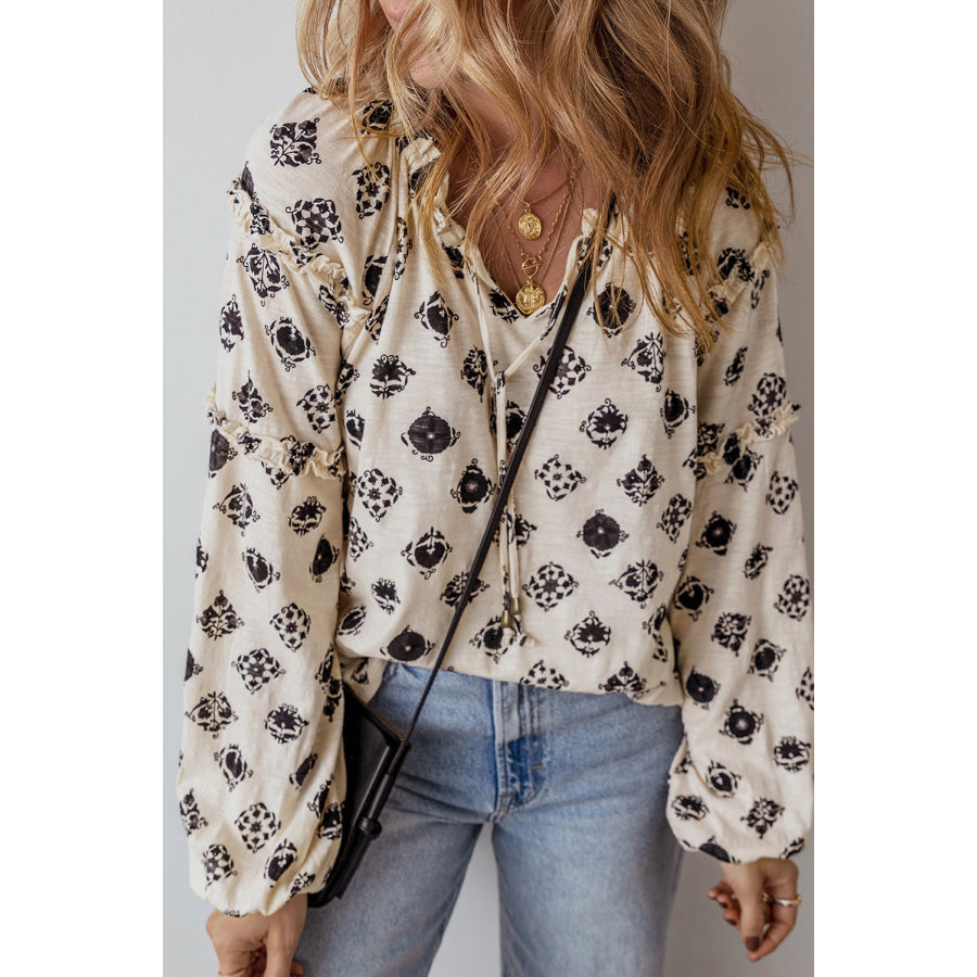 Printed Tie Neck Long Sleeve Blouse Apparel and Accessories