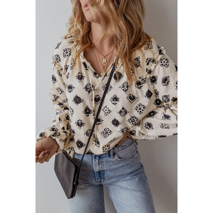 Printed Tie Neck Long Sleeve Blouse Apparel and Accessories