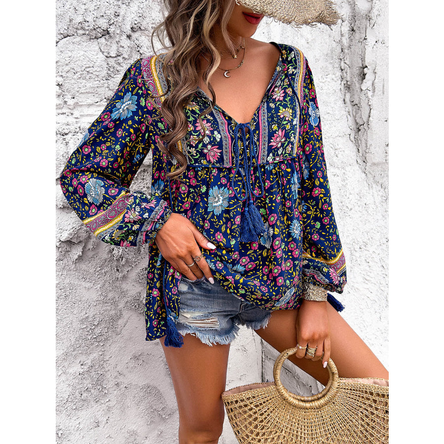 Printed Tie Neck Long Sleeve Blouse Apparel and Accessories