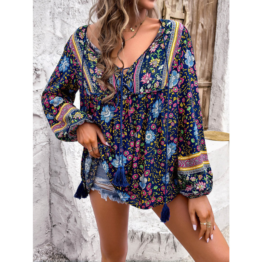 Printed Tie Neck Long Sleeve Blouse Apparel and Accessories