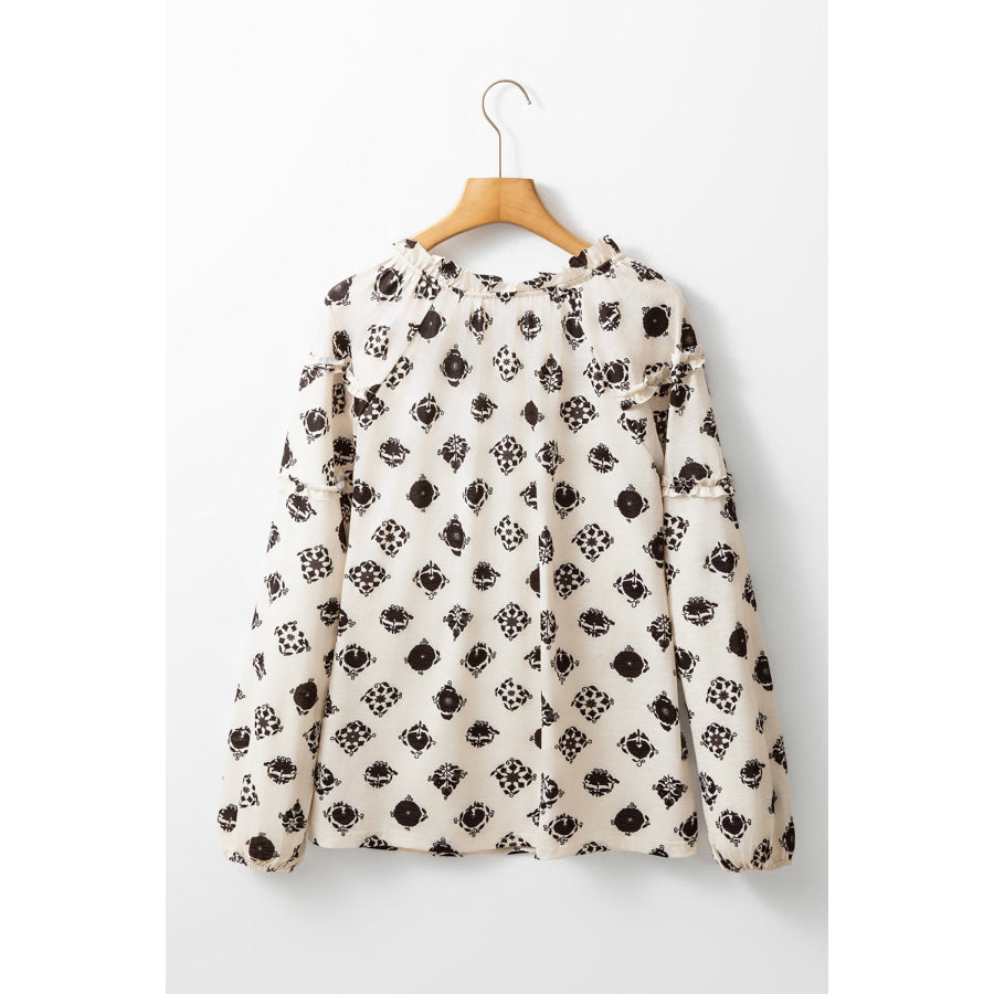 Printed Tie Neck Long Sleeve Blouse Apparel and Accessories