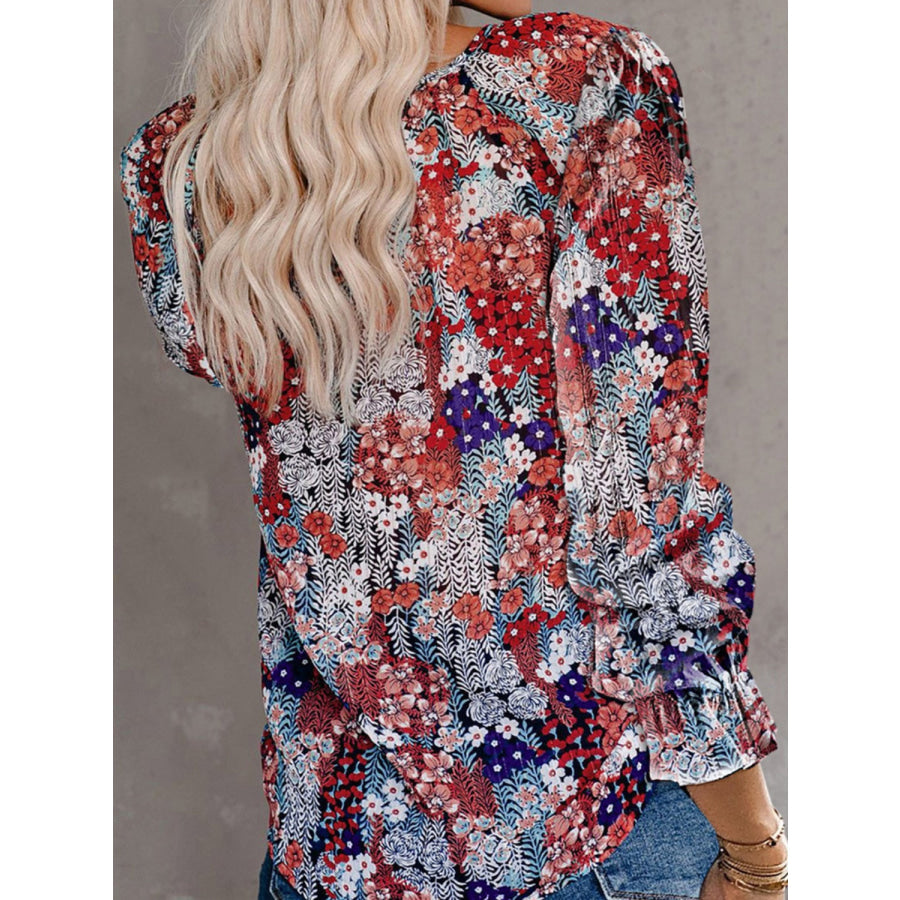 Printed Tie Neck Long Sleeve Blouse Apparel and Accessories