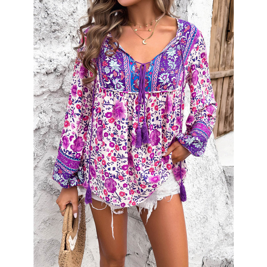 Printed Tie Neck Long Sleeve Blouse Apparel and Accessories