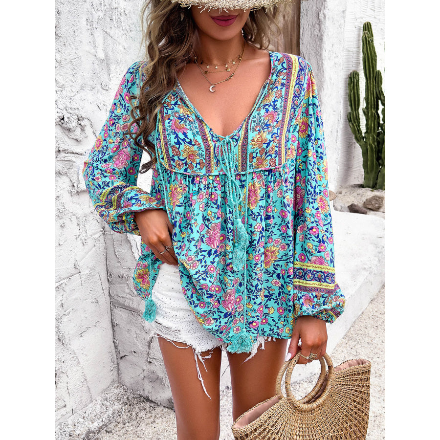 Printed Tie Neck Long Sleeve Blouse Apparel and Accessories