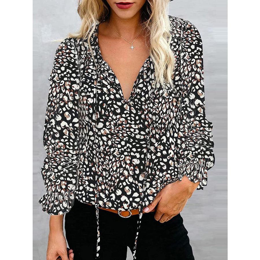 Printed Tie Neck Long Sleeve Blouse Black / S Apparel and Accessories