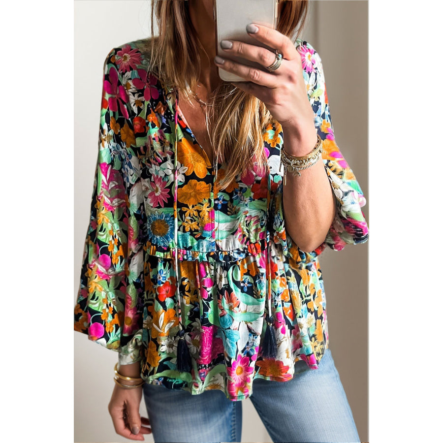 Printed Tie Neck Long Sleeve Blouse Floral / S Apparel and Accessories