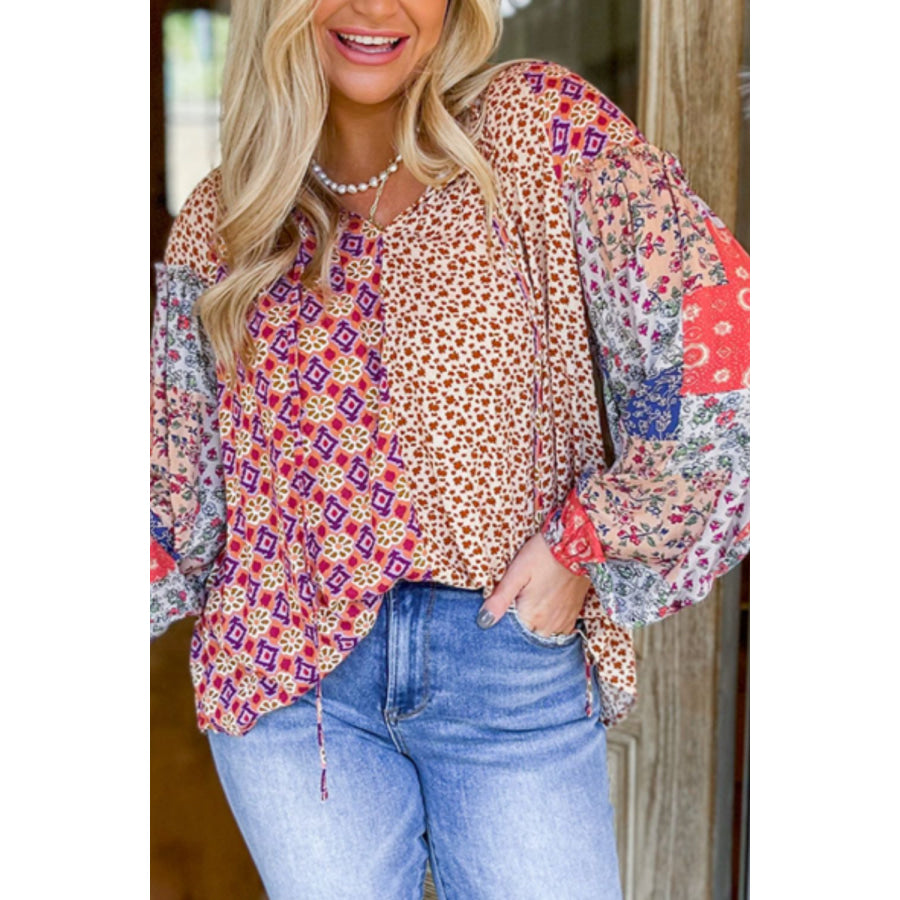 Printed Tie Neck Long Sleeve Blouse Floral / S Apparel and Accessories