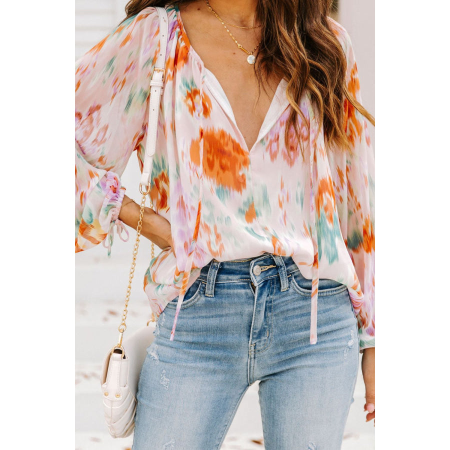 Printed Tie Neck Long Sleeve Blouse Floral / S Apparel and Accessories