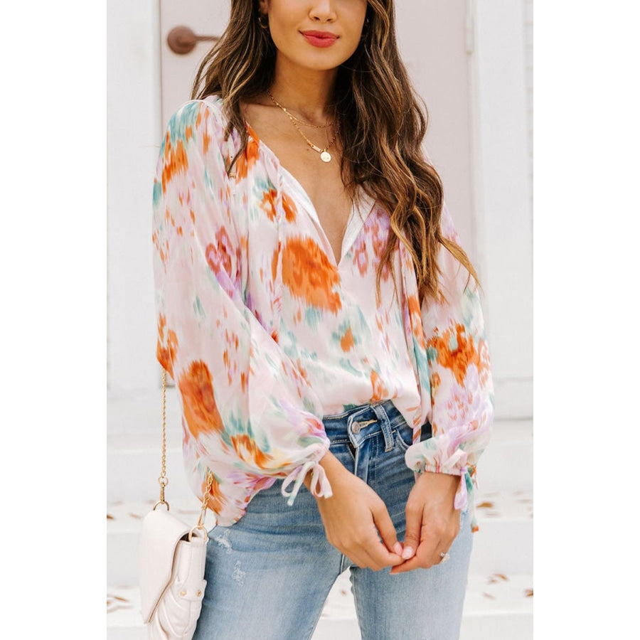 Printed Tie Neck Long Sleeve Blouse Floral / S