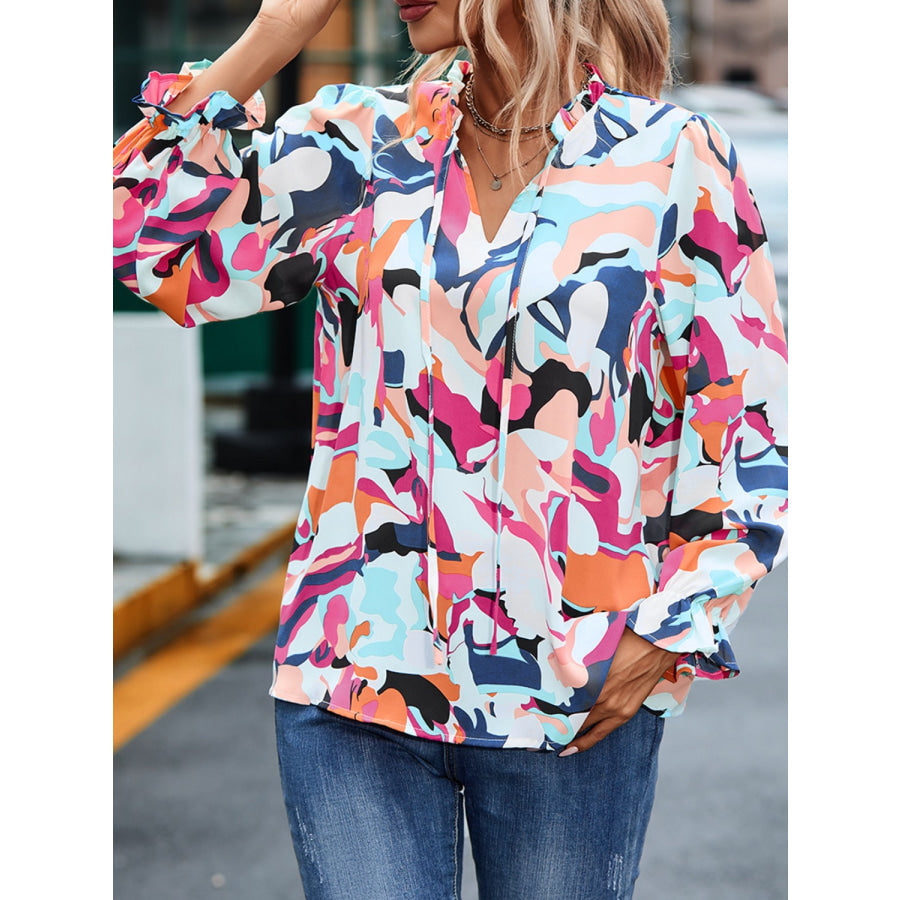 Printed Tie Neck Long Sleeve Blouse Hot Pink / S Apparel and Accessories