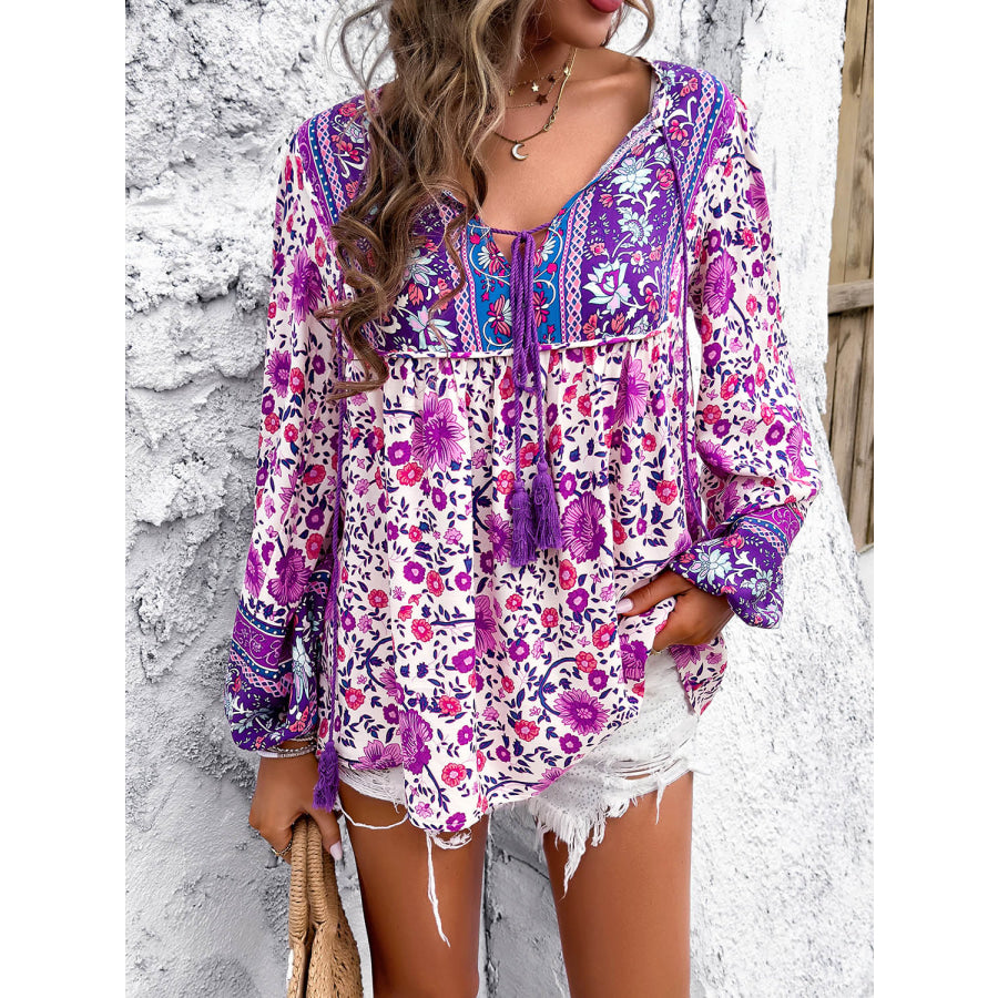 Printed Tie Neck Long Sleeve Blouse Lilac / S Apparel and Accessories