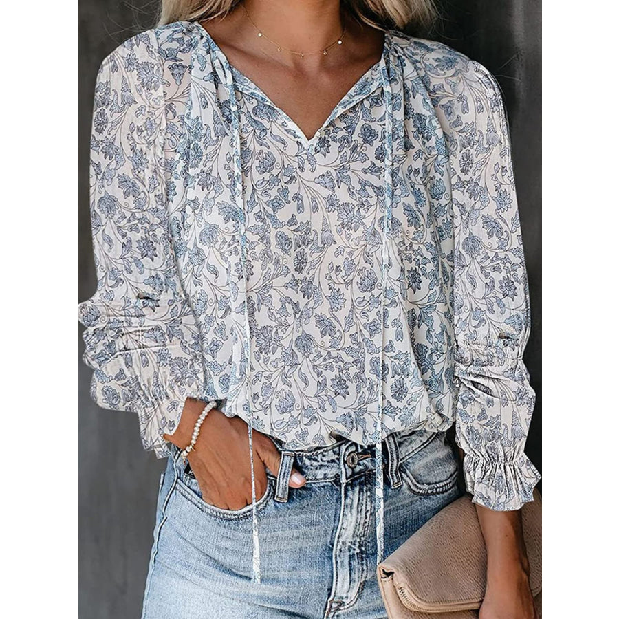 Printed Tie Neck Long Sleeve Blouse Misty Blue / S Apparel and Accessories