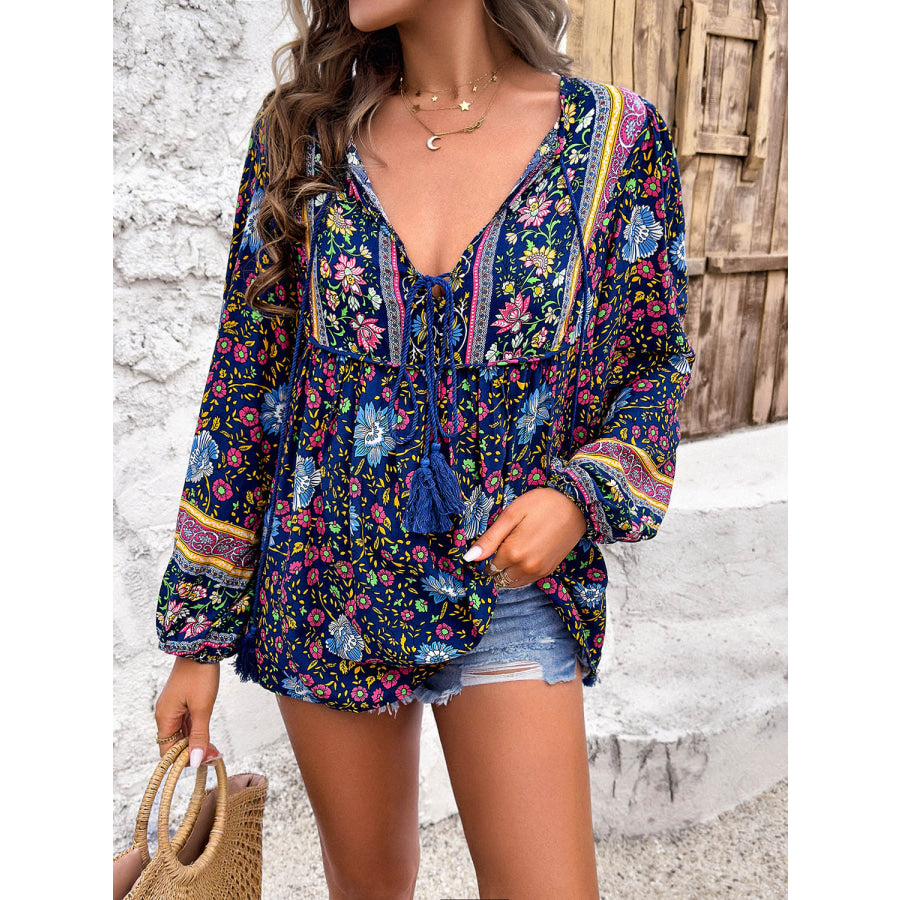 Printed Tie Neck Long Sleeve Blouse Navy / S Apparel and Accessories