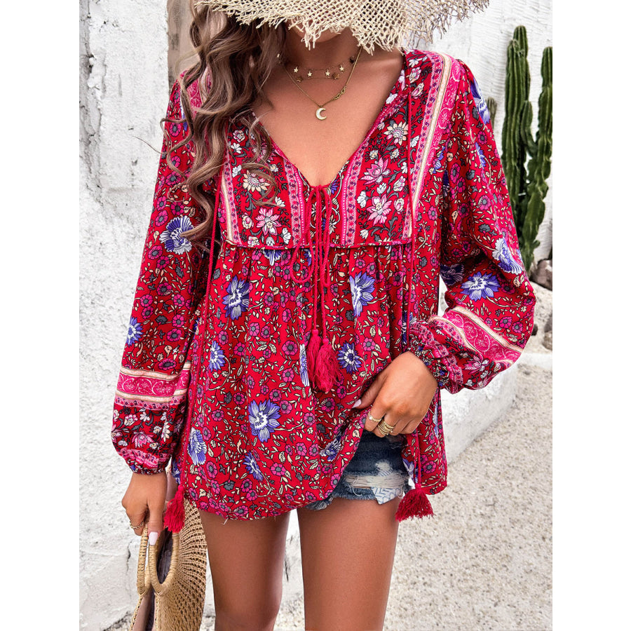 Printed Tie Neck Long Sleeve Blouse Red / S Apparel and Accessories