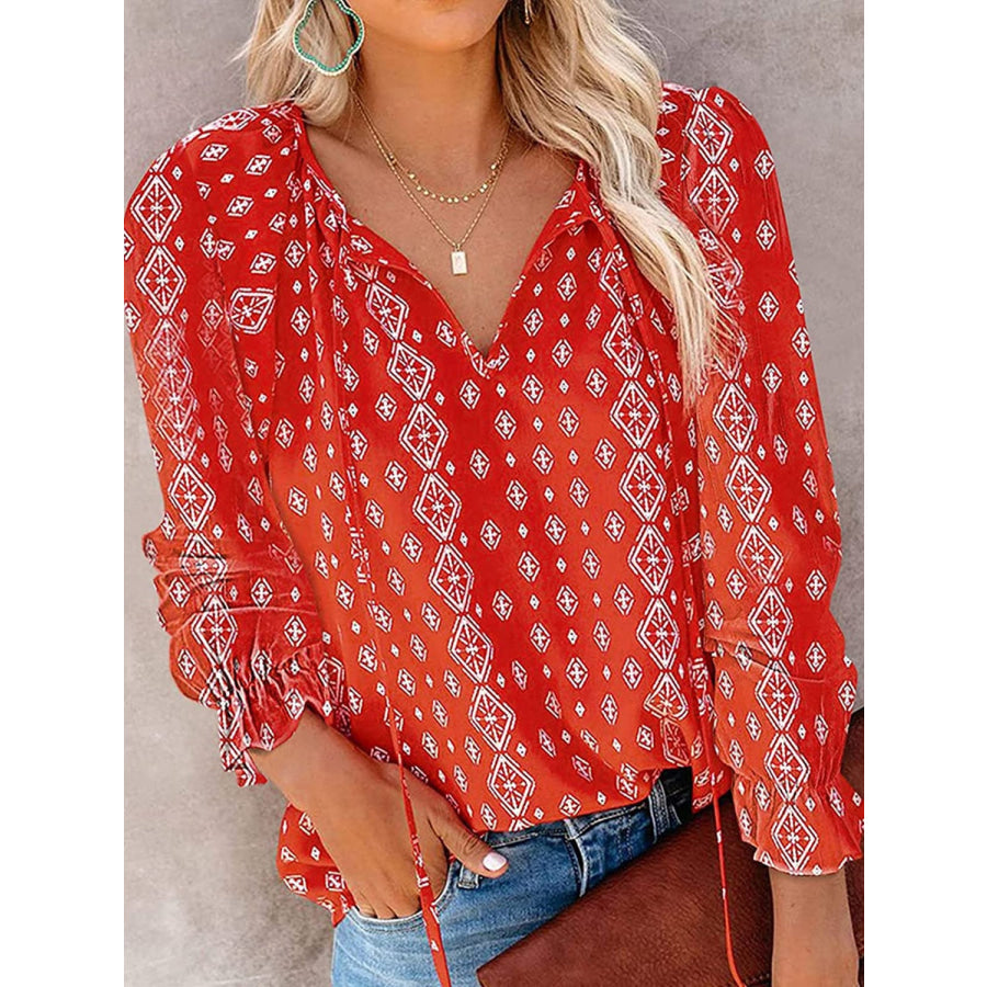 Printed Tie Neck Long Sleeve Blouse Scarlet / S Apparel and Accessories