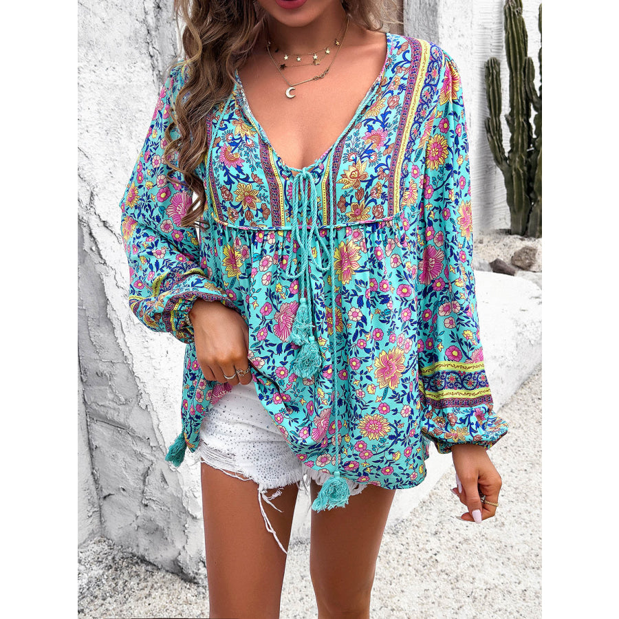 Printed Tie Neck Long Sleeve Blouse Tiffany Blue / S Apparel and Accessories