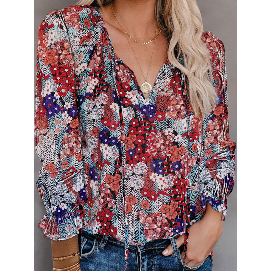 Printed Tie Neck Long Sleeve Blouse Wine / S Apparel and Accessories