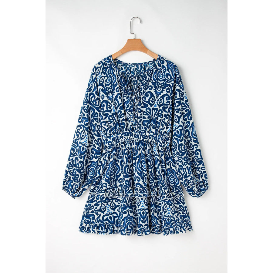 Printed Tie Neck Long Sleeve Dress Peacock Blue / S Apparel and Accessories