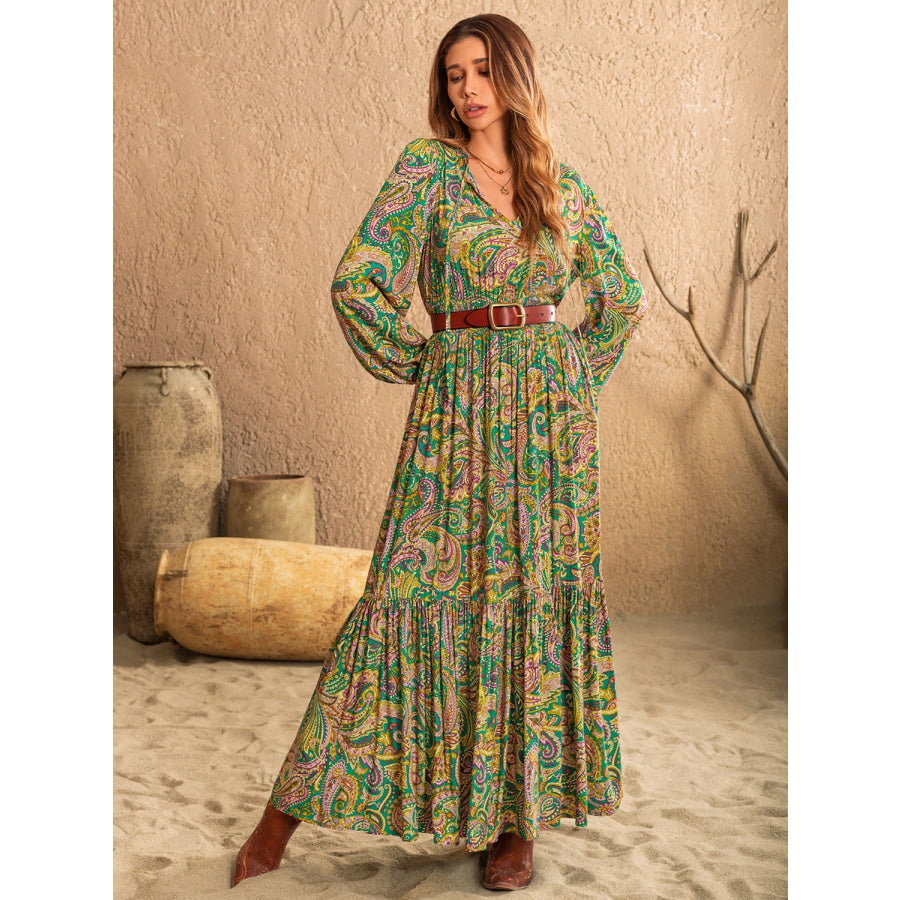 Printed Tie Neck Long Sleeve Dress Apparel and Accessories