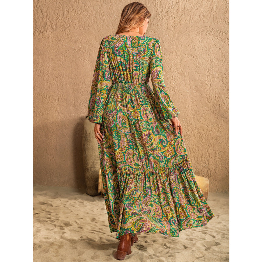 Printed Tie Neck Long Sleeve Dress Apparel and Accessories