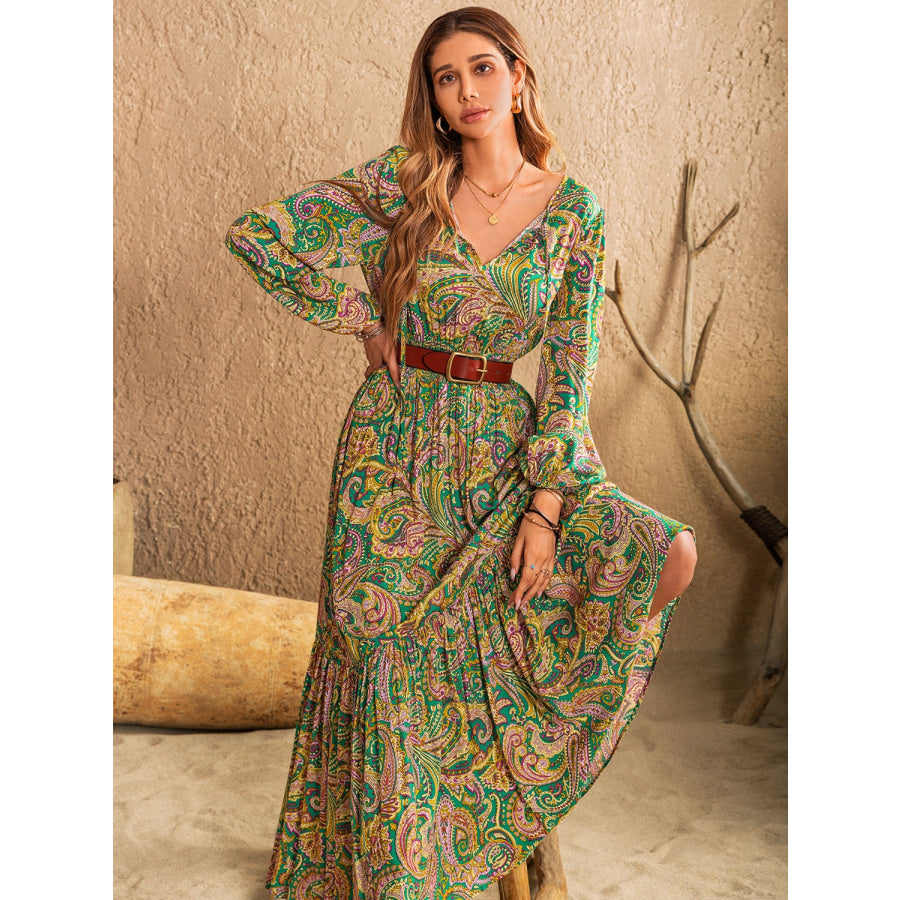 Printed Tie Neck Long Sleeve Dress Apparel and Accessories