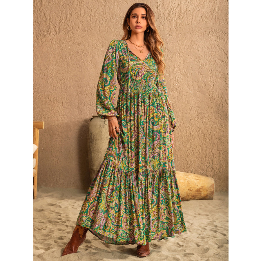 Printed Tie Neck Long Sleeve Dress Apparel and Accessories