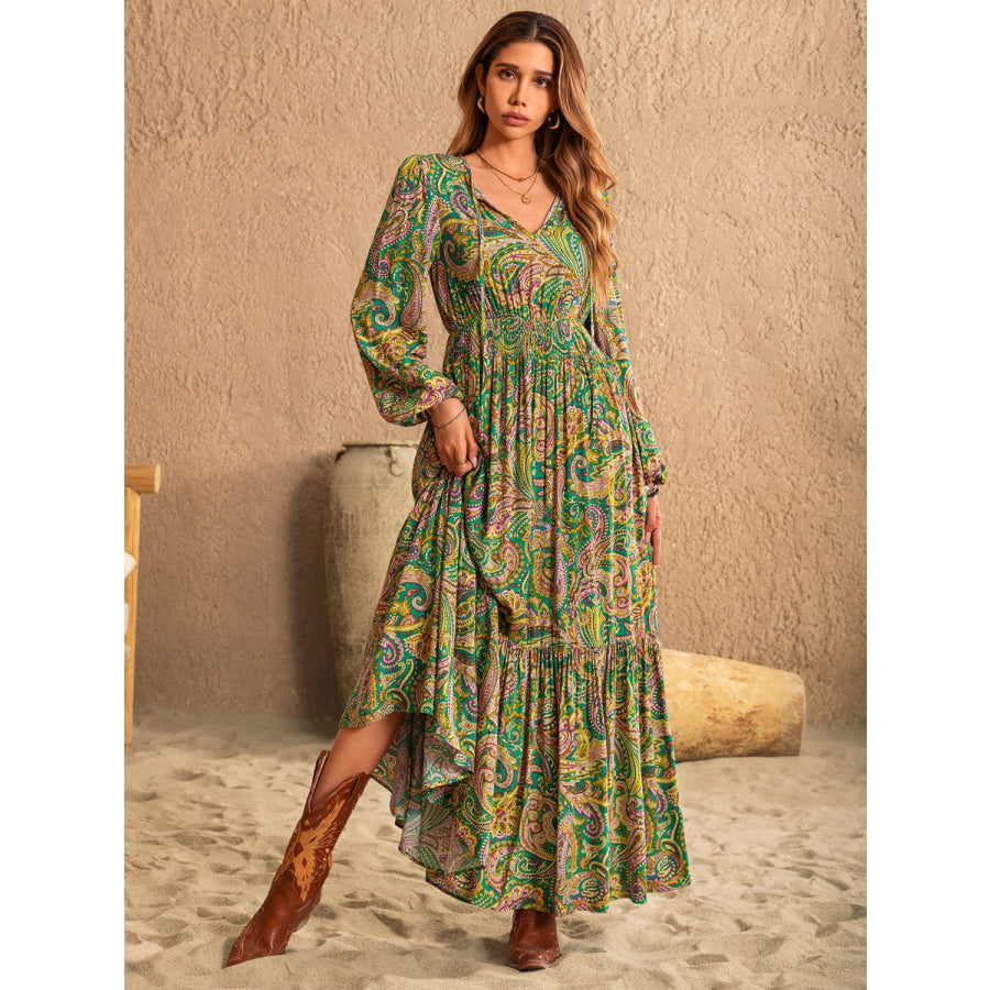 Printed Tie Neck Long Sleeve Dress Matcha Green / S Apparel and Accessories