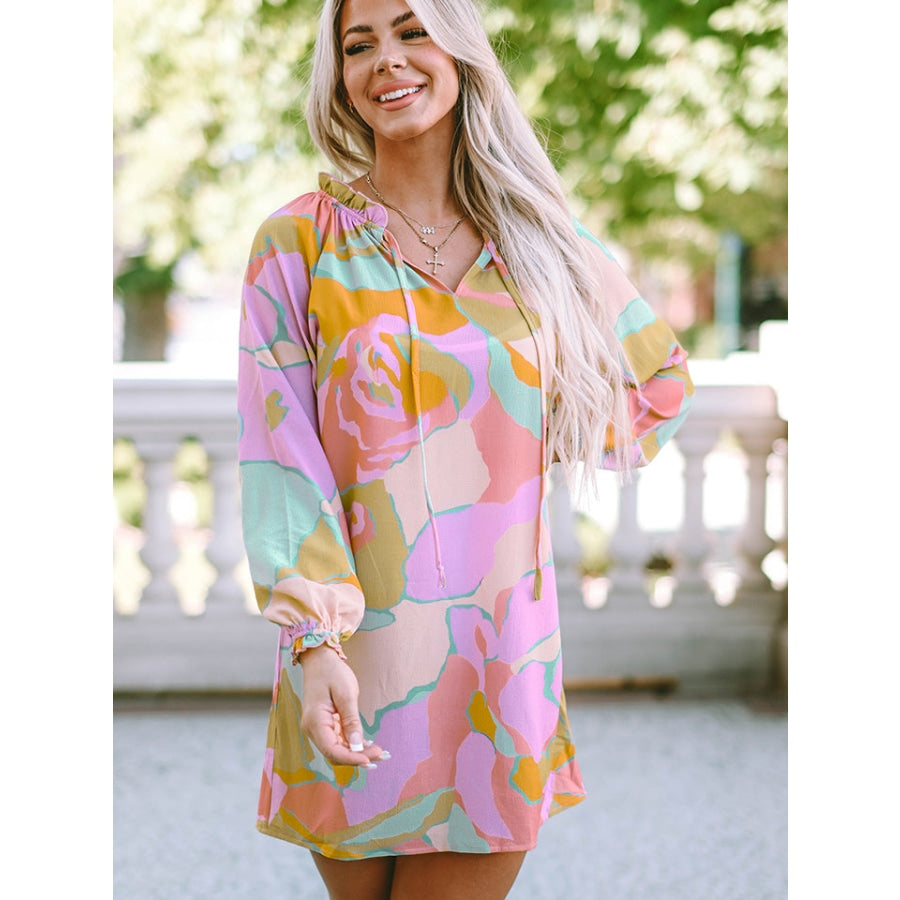 Printed Tie Neck Long Sleeve Dress Multicolor / S