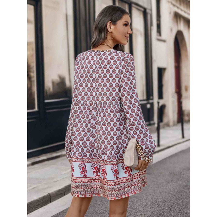 Printed Tie Neck Long Sleeve Dress