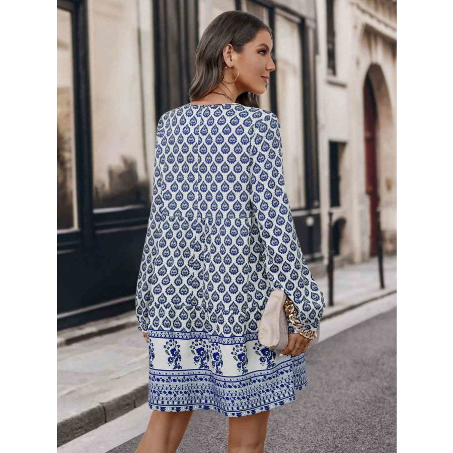 Printed Tie Neck Long Sleeve Dress