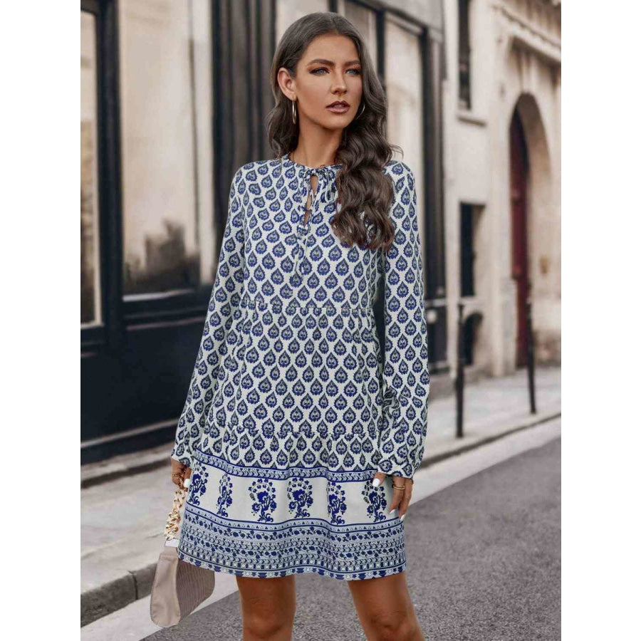 Printed Tie Neck Long Sleeve Dress