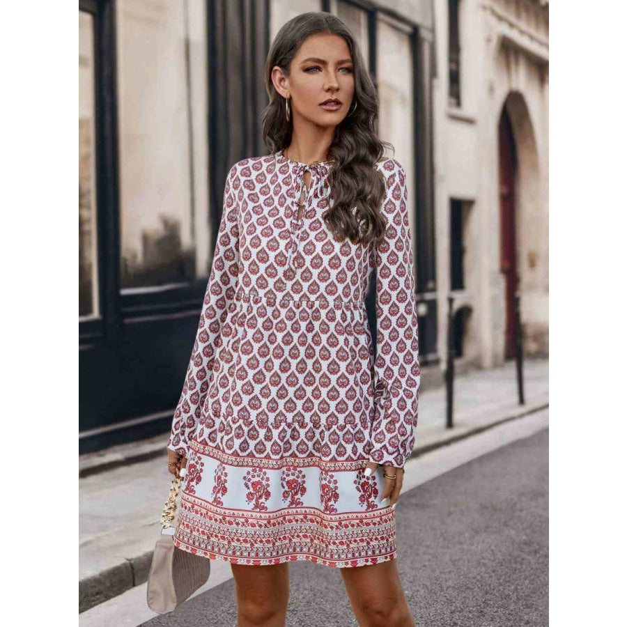 Printed Tie Neck Long Sleeve Dress