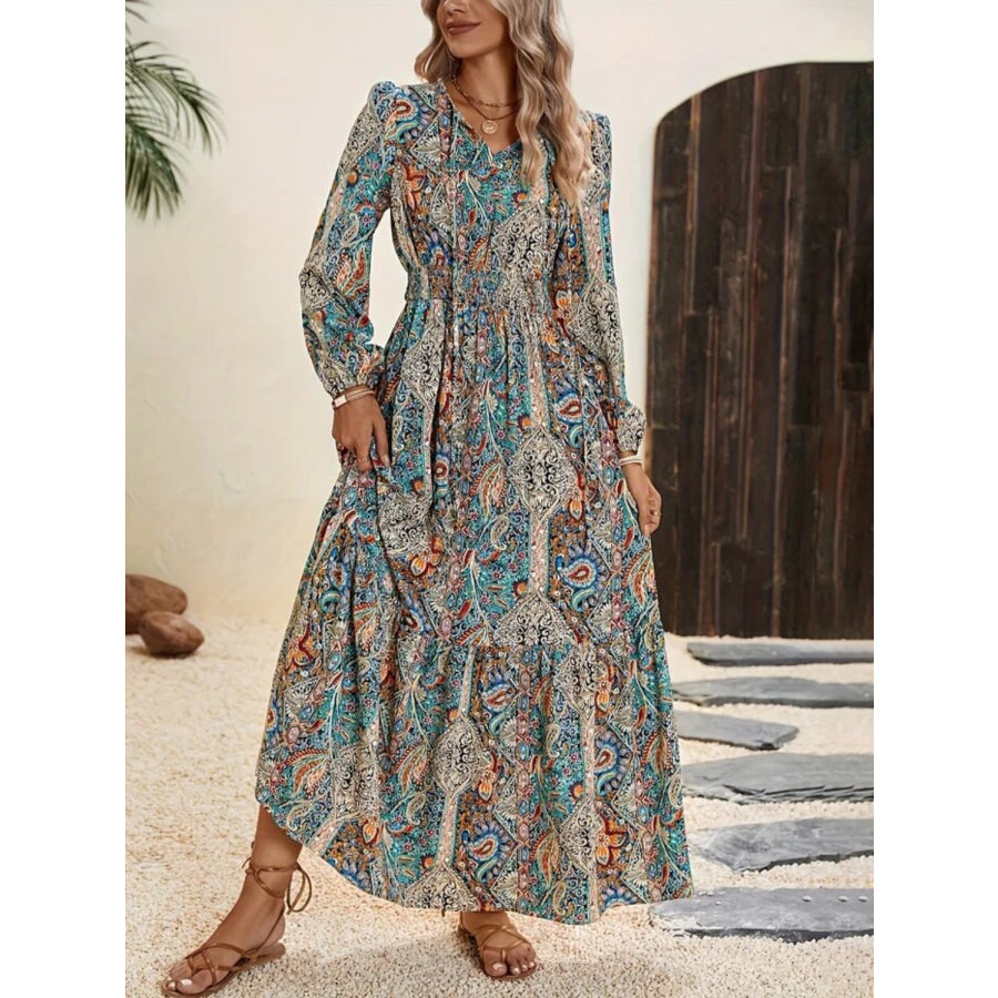 Printed Tie Neck Long Sleeve Maxi Dress Air Force Blue / S Apparel and Accessories