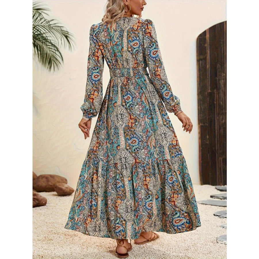 Printed Tie Neck Long Sleeve Maxi Dress Apparel and Accessories