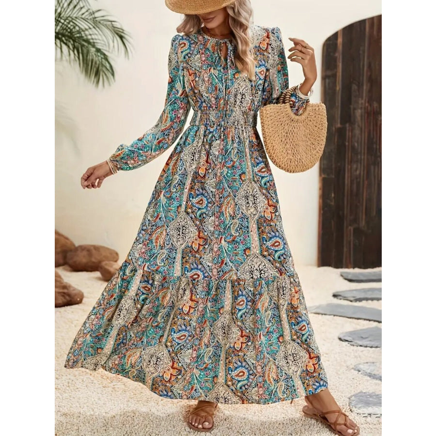 Printed Tie Neck Long Sleeve Maxi Dress Apparel and Accessories