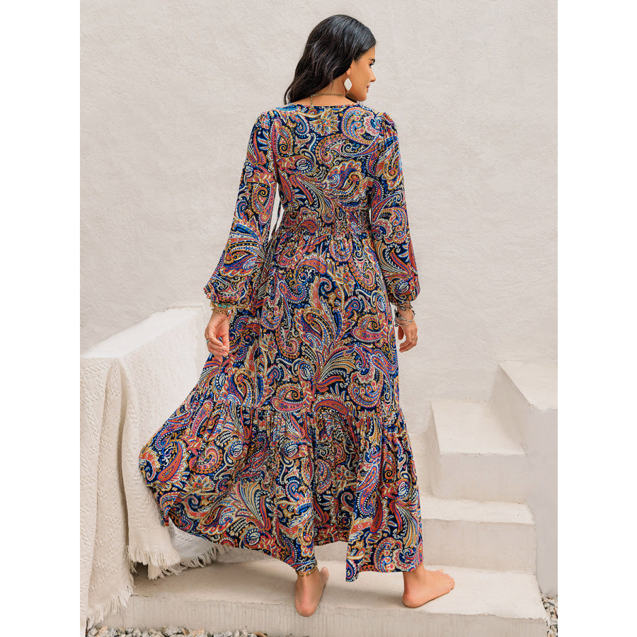 Printed Tie Neck Long Sleeve Midi Dress Multicolor / S Apparel and Accessories