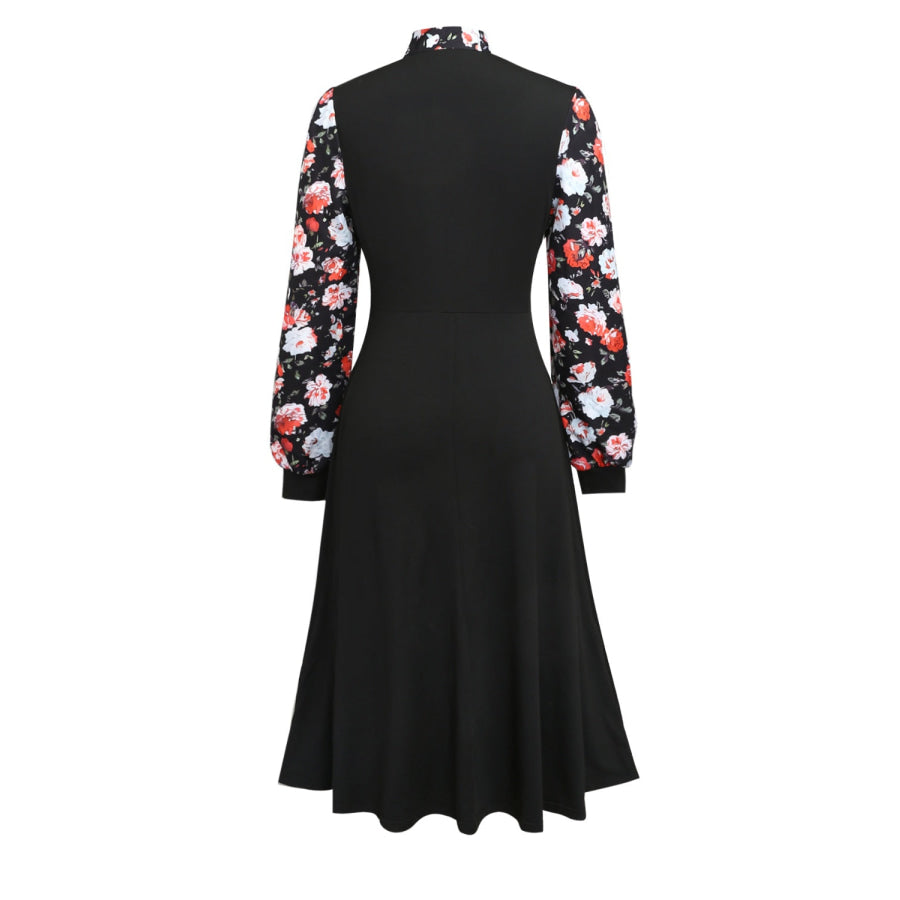 Printed Tie Neck Long Sleeve Midi Dress Black / S Apparel and Accessories