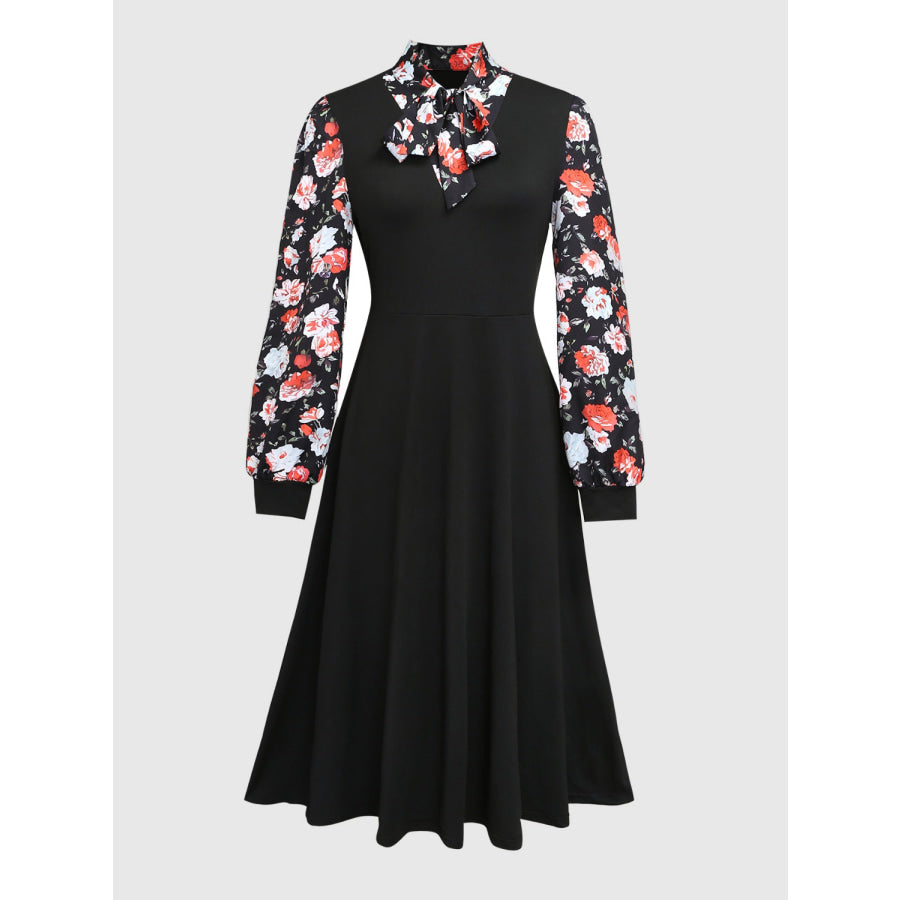 Printed Tie Neck Long Sleeve Midi Dress Black / S Apparel and Accessories