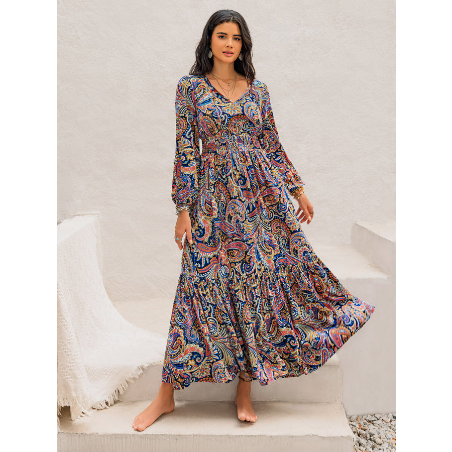 Printed Tie Neck Long Sleeve Midi Dress Multicolor / S Apparel and Accessories